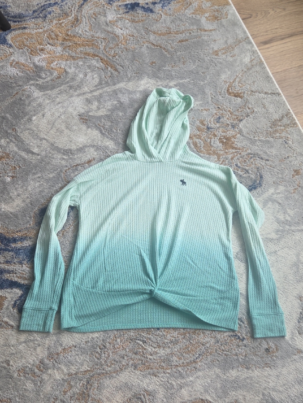 Abercrombie Kids Girls Light Aqua Ombre Waffle Knit Hoodie with Knot Detail